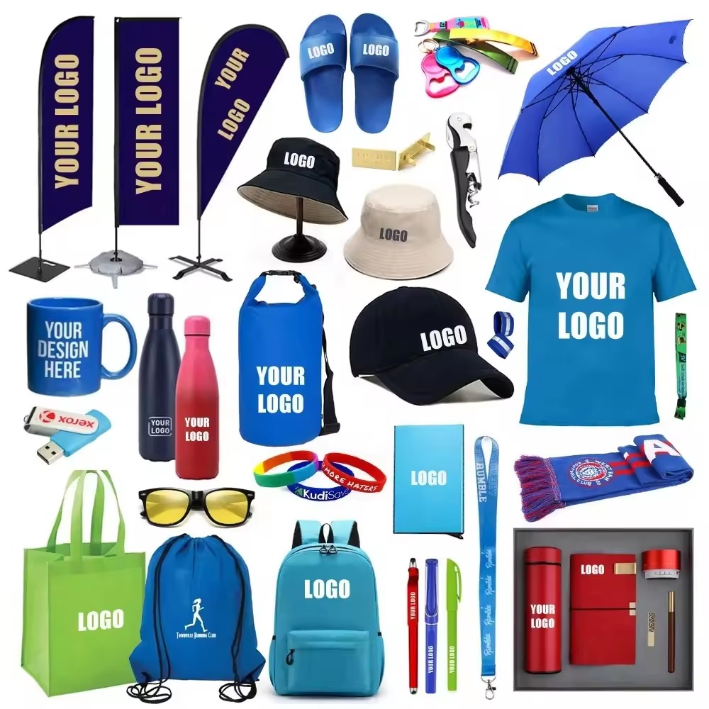 Assortment of customizable promotional items including drinkware, bags, hats, pens, and umbrellas